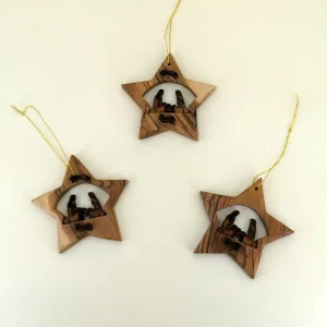 Baumschmuck 3er Set Stern mit Krippe aus Bethlehem Olivenholz