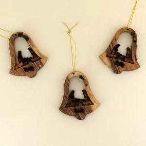 Baumschmuck 3er Set Glocke mit Krippe aus Bethlehem Olivenholz