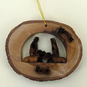 Krippe im Baumstamm Baumschmuck aus Bethlehem Olivenholz